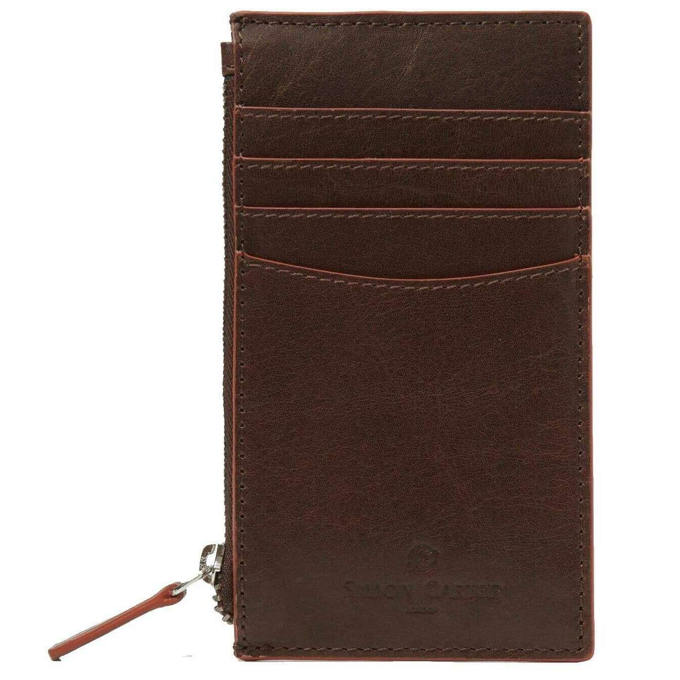 Simon Carter Contrast Edge Zip Credit Card Wallet - Brown/Red