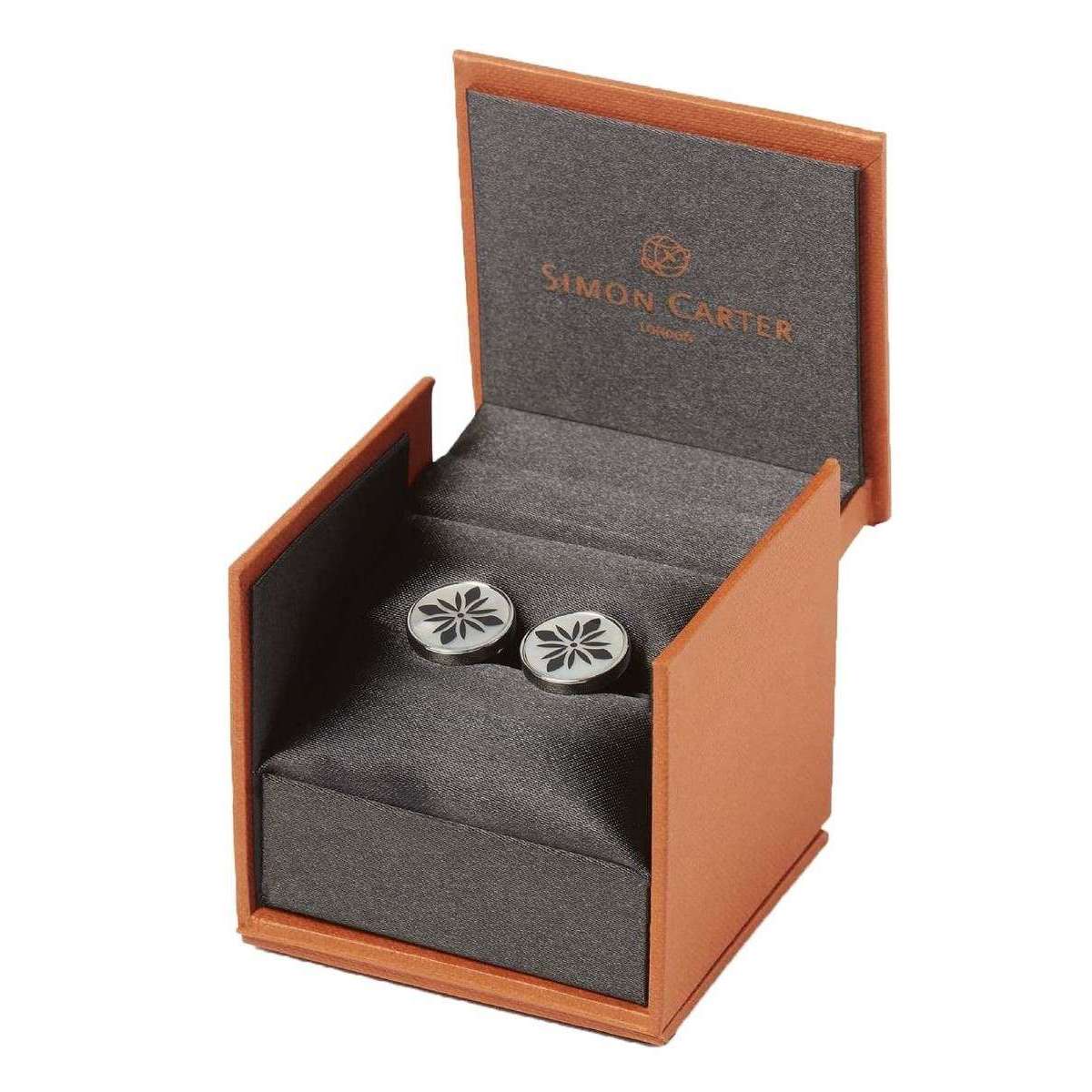 Simon Carter Flower Print Mother of Pearl Cufflinks - Silver/White/Black - Image 2