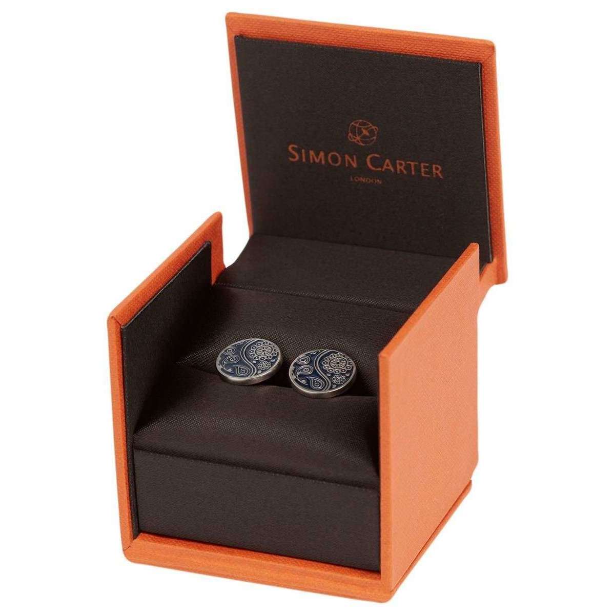 Simon Carter Paisley Guilloche Enamel Cufflinks - Navy - Image 2