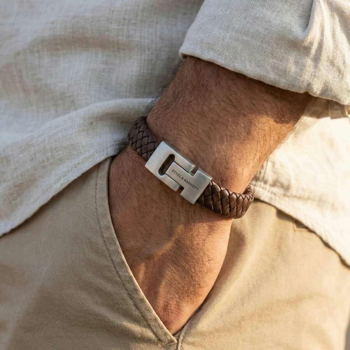 Steel & Barnett Harrison Thick Braided Leather Bracelet - Brown - Image 3