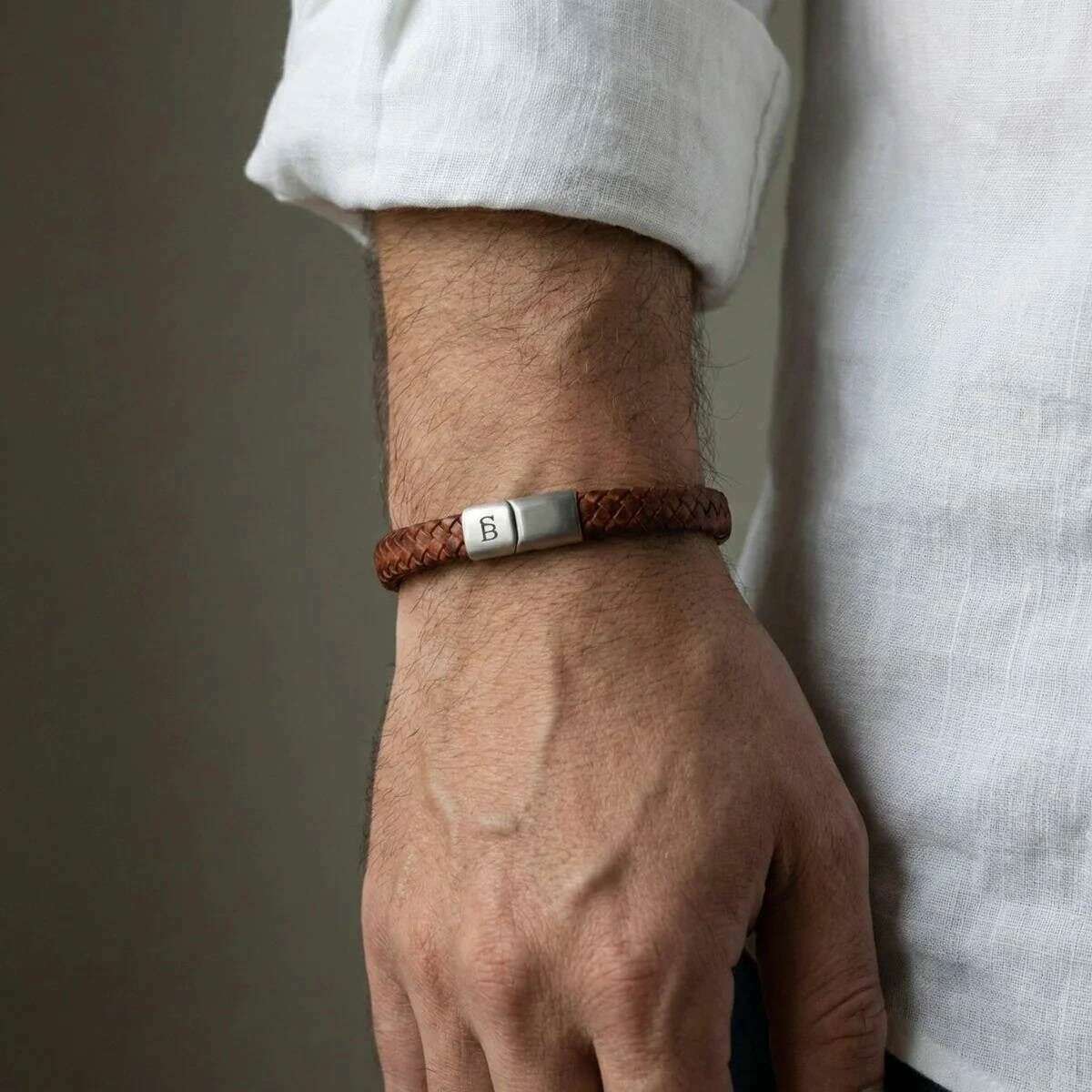 Steel & Barnett Riley Sleek Braided Leather Bracelet - Caramel Brown - Image 3