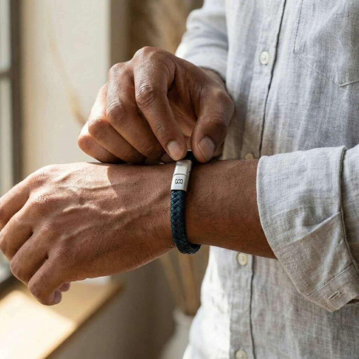 Steel & Barnett Riley Sleek Braided Leather Bracelet - Marine Navy - Image 4