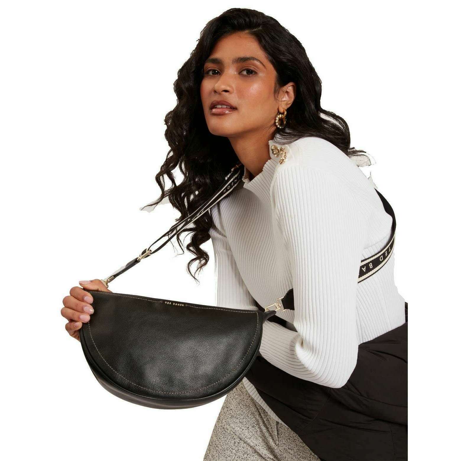 Ted Baker Lorreen Webbing Leather Half Moon Crossbody Bag - Black - Image 4