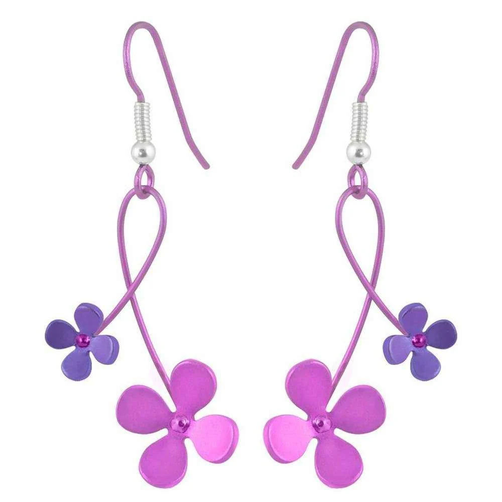 Ti2 Titanium 30mm Double Drop Four Petal Flower Earrings - Pink