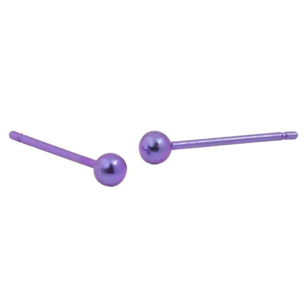 Ti2 Titanium 3mm Round Bead Stud Earrings - Imperial Purple