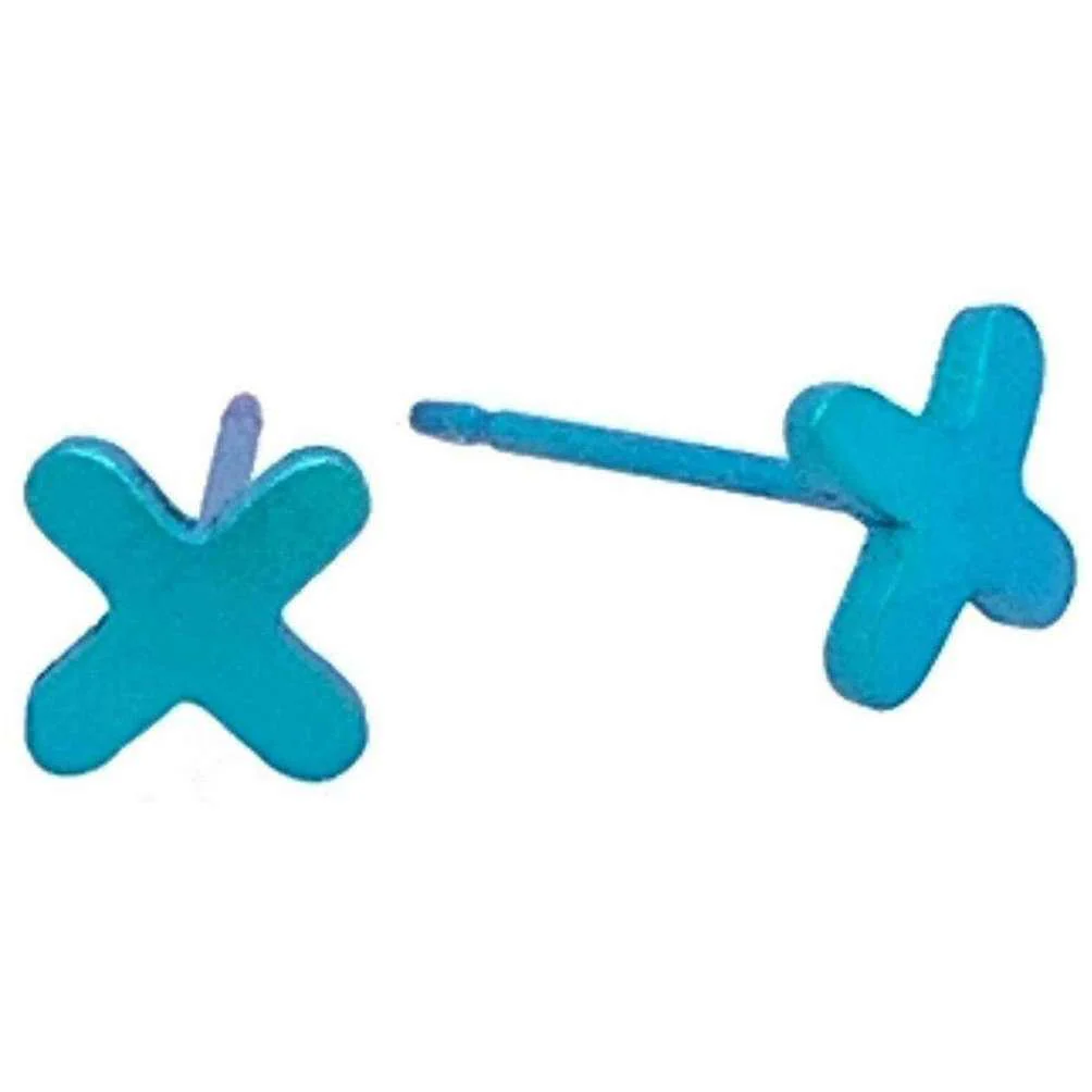 Ti2 Titanium Plus Shape 7mm Stud Earrings - Kingfisher Blue
