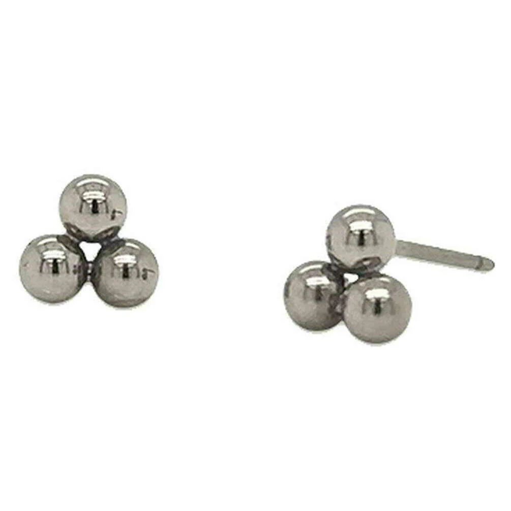 Ti2 Titanium Small Triple Bead Stud Earrings - Natural Polished Silver