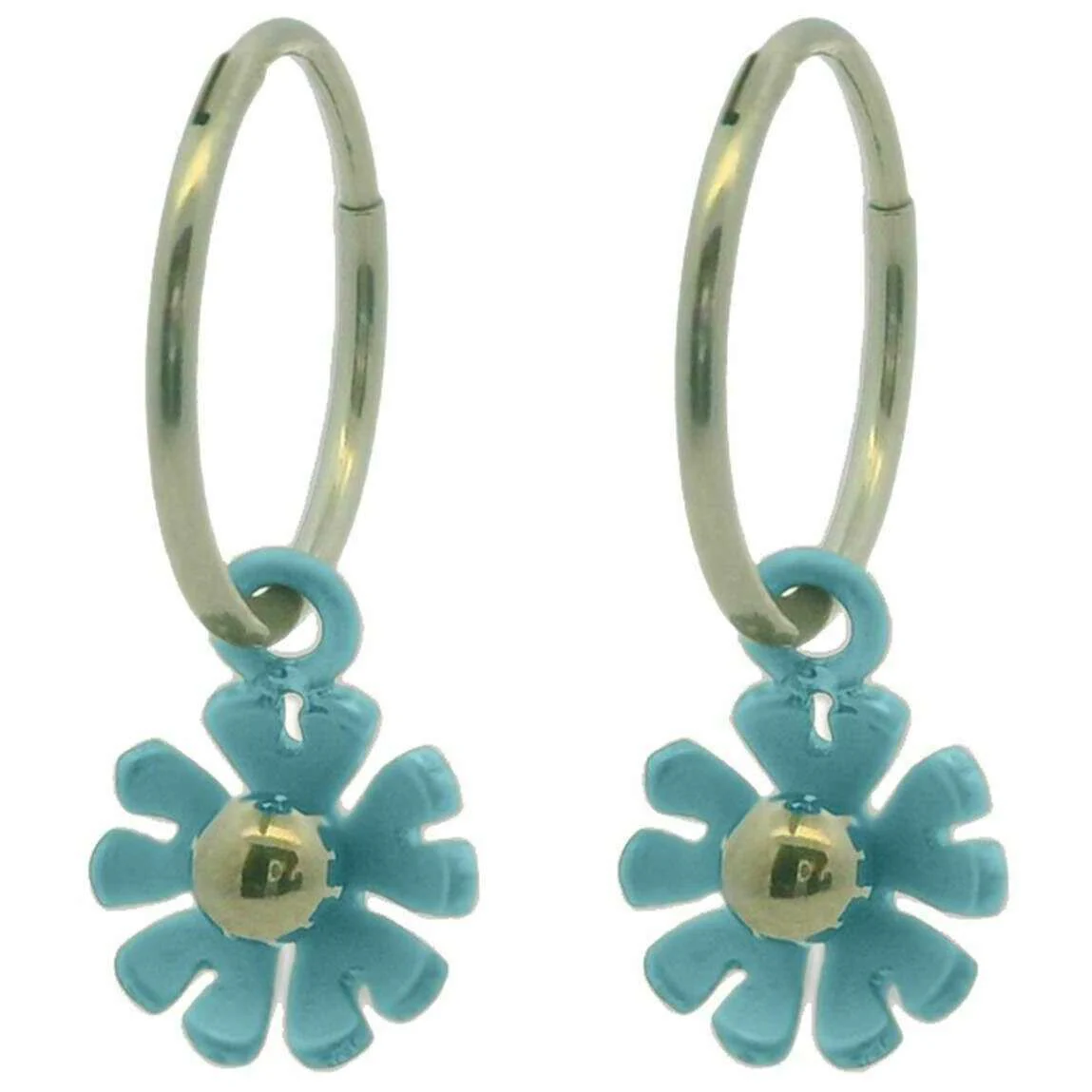 Ti2 Titanium Ten Petal Flower Charm Hoop Earrings - Kingfisher Blue