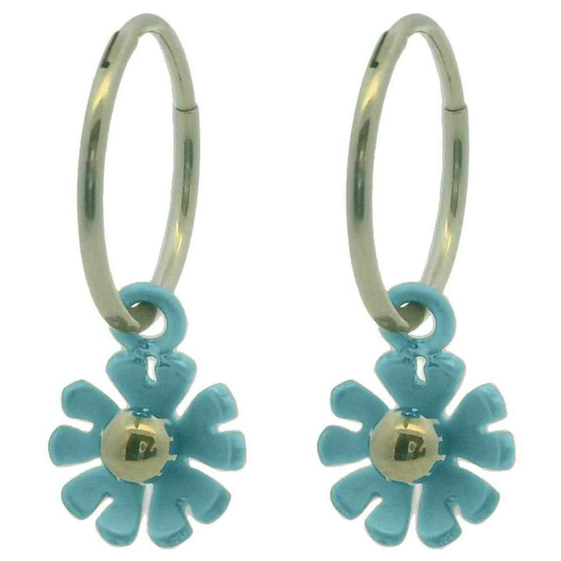 Ti2 Titanium Ten Petal Flower Charm Hoop Earrings - Light Blue