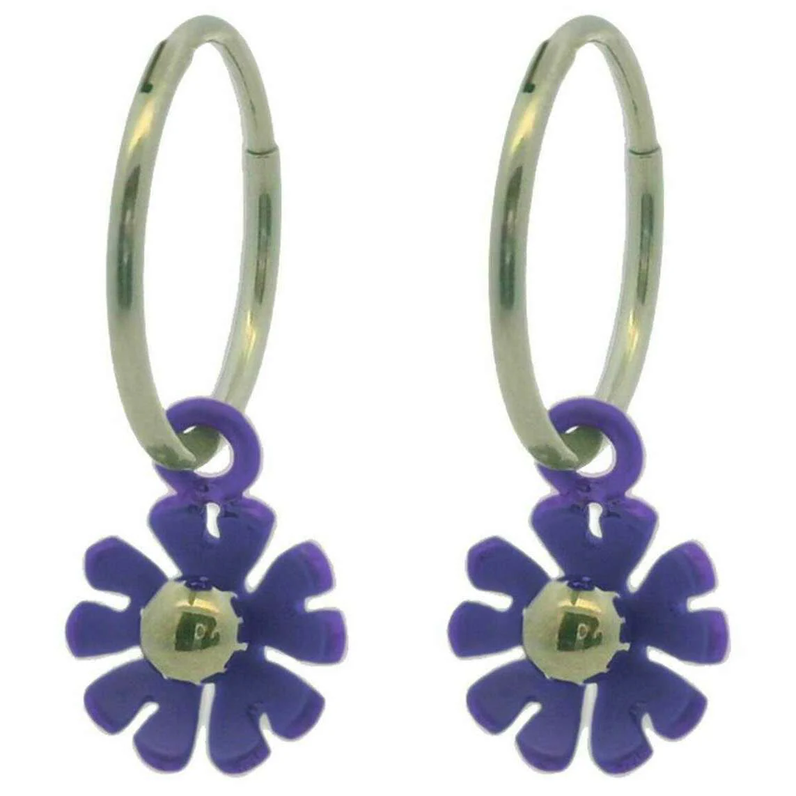 Ti2 Titanium Ten Petal Flower Charm Hoop Earrings - Purple