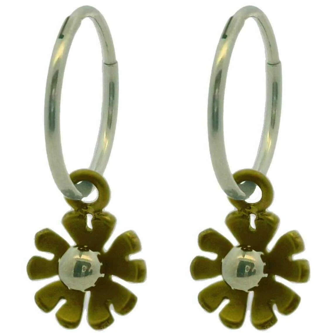 Ti2 Titanium Ten Petal Flower Charm Hoop Earrings - Tan