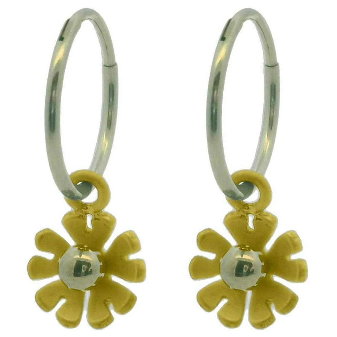 Ti2 Titanium Ten Petal Flower Charm Hoop Earrings - Yellow