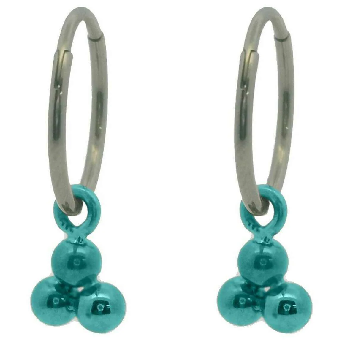 Ti2 Titanium Triple Bead Charm Hoop Earrings - Kingfisher Blue