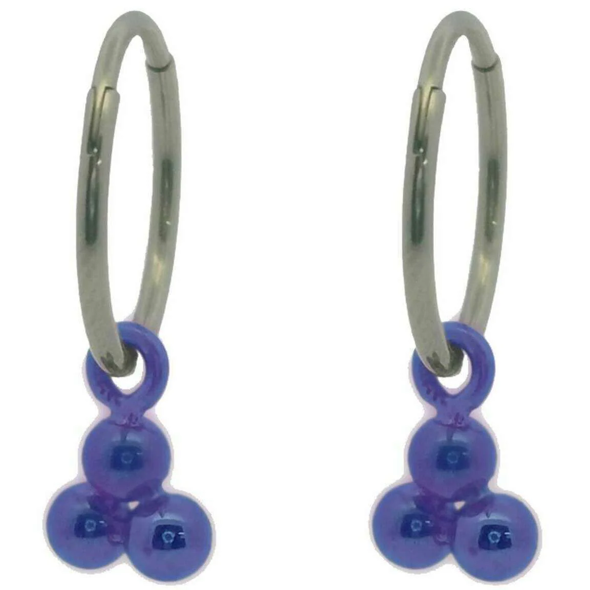 Ti2 Titanium Triple Bead Charm Hoop Earrings - Purple