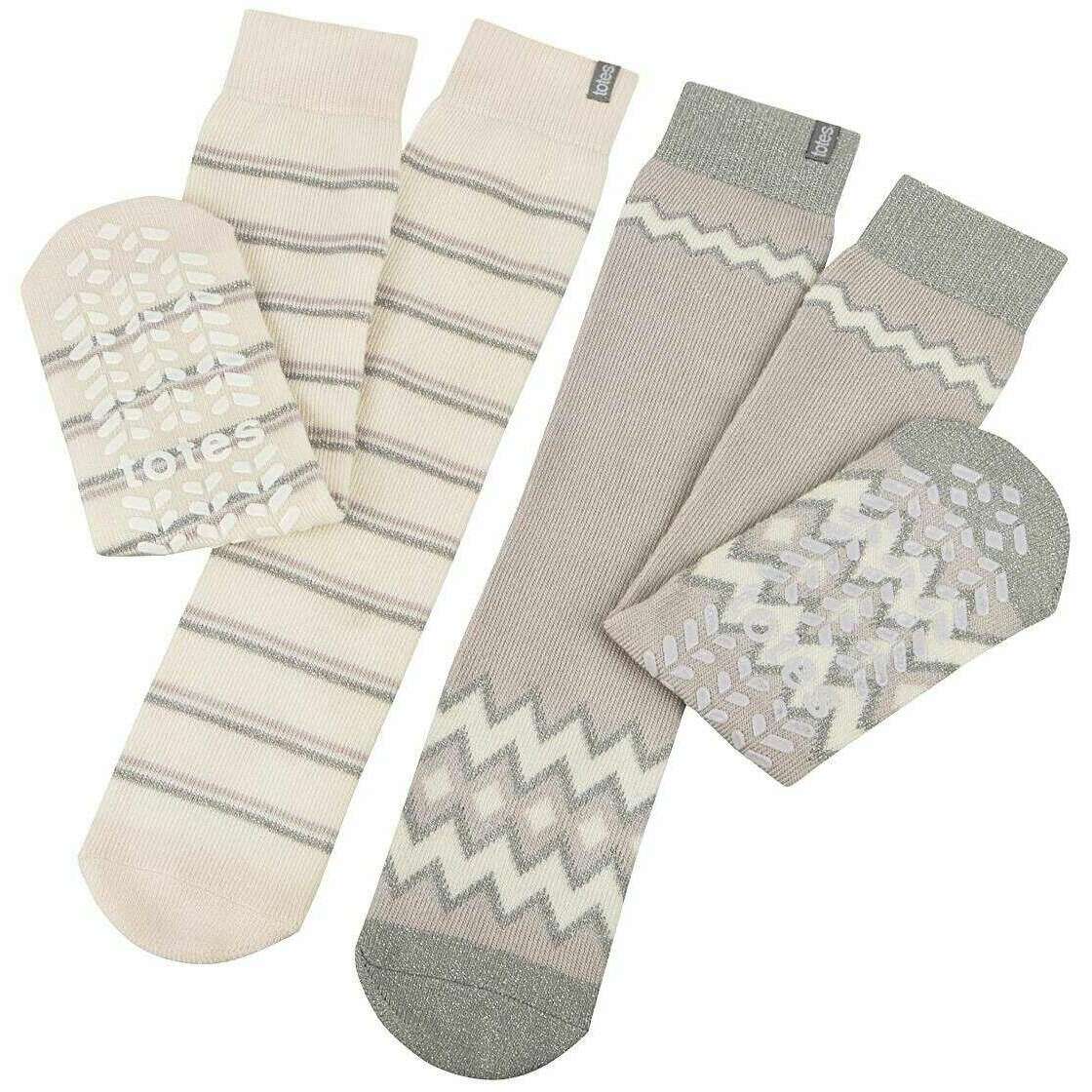 Totes Toasties 2 Pack Original Slipper Socks - Fairisle/Plain Beige