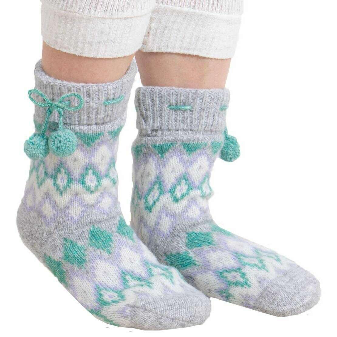 Totes Toasties Fair Isle Chenille Slipper Socks - Grey/Green/Purple - Image 3