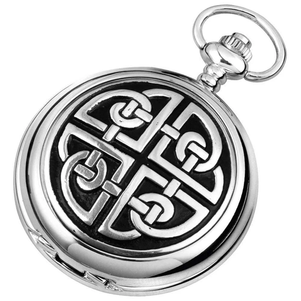 Woodford Celtic Knot Chrome Plated Full Hunter Quartz Pocket Watch - Silver/Black