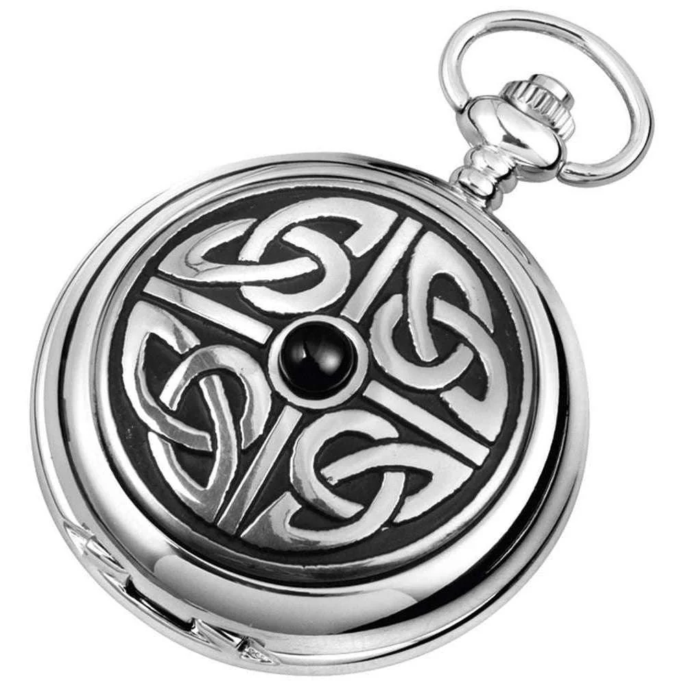 Woodford Celtic Knotwork Chrome Plated Double Full Hunter Skeleton Pocket Watch - Silver/Black