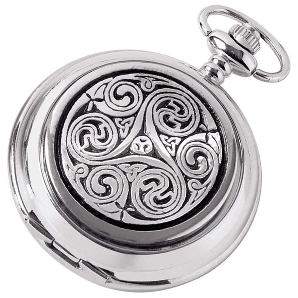 Woodford Celtic Swirl Chrome Plated Full Hunter Quartz Pocket Watch - Silver/Black