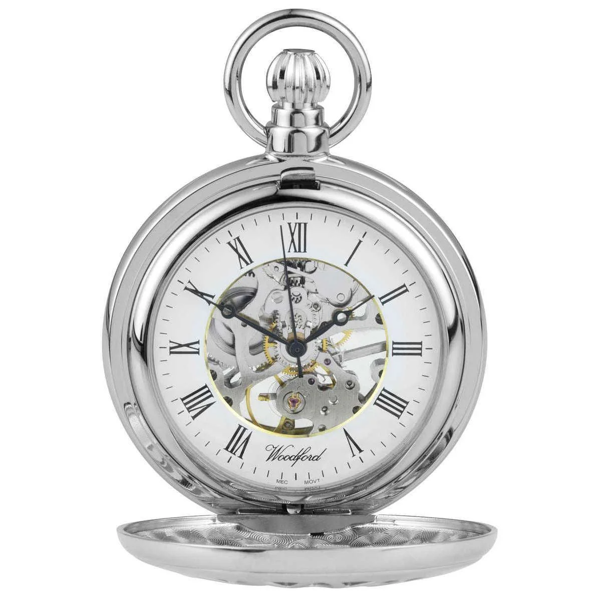 Woodford Chrome Plated Cut Out Half Hunter Mechanical Pocket Watch - Silver - Image 2