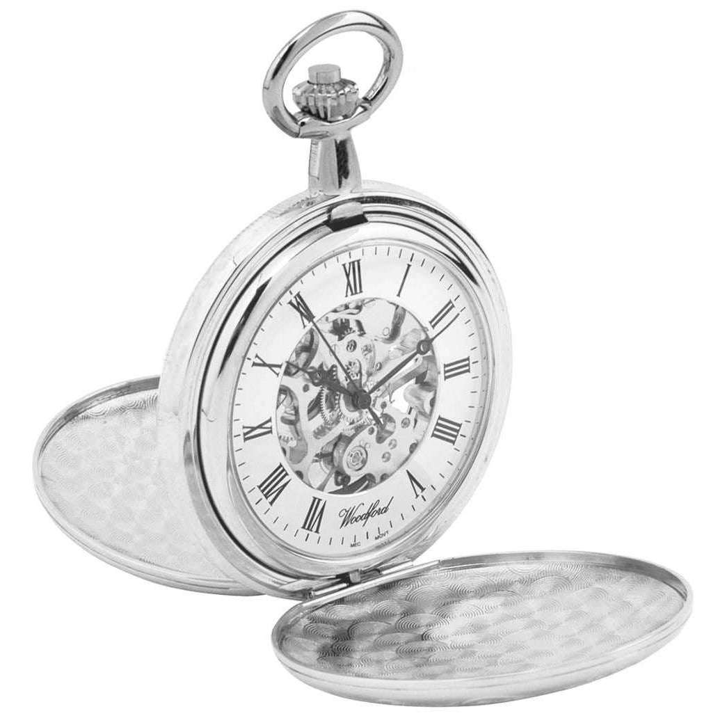 Woodford Chrome Plated Double Full Hunter Skeleton Mechanical Pocket Watch - Silver - Image 2