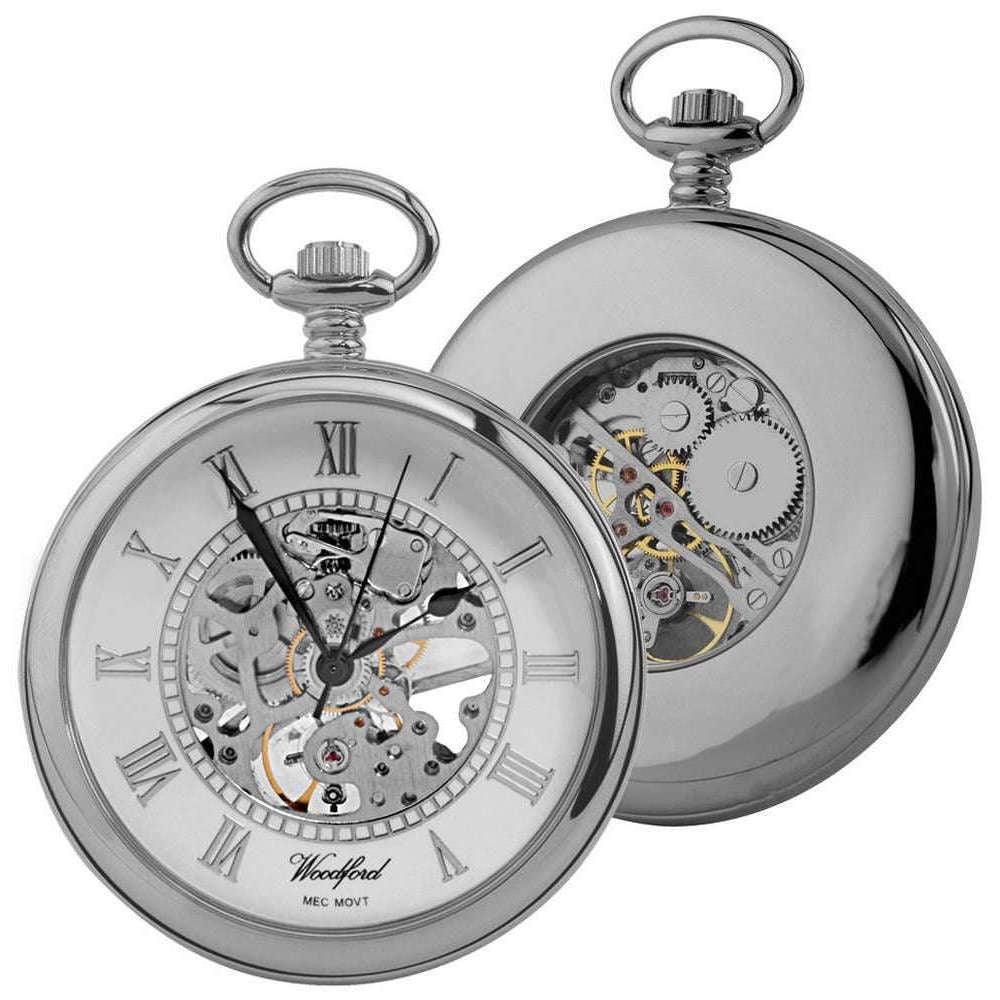 Woodford Chrome Plated Open Centre Skeleton Mechanical Pocket Watch - Silver - Image 3