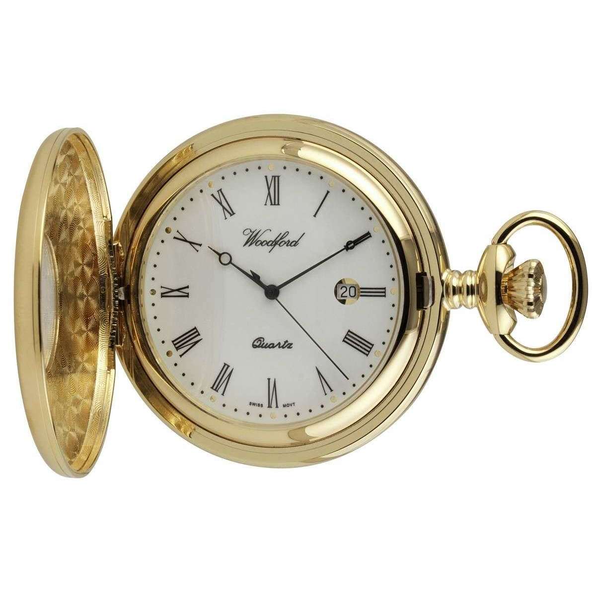 Woodford Gold Plated Roman Numeral Half Hunter Quartz Pocket Watch - Gold - Image 2