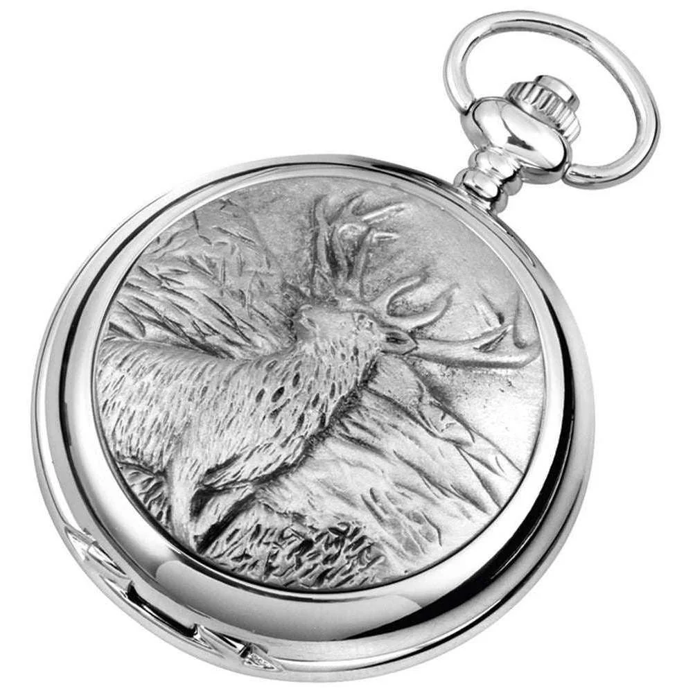 Woodford Monarch of the Glen Chrome Plated Full Hunter Quartz Pocket Watch - Silver