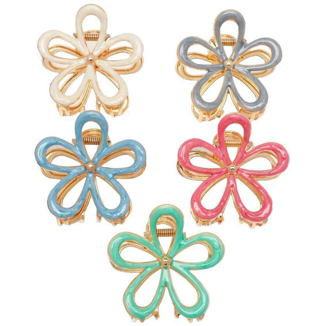 Zelly 5 Assorted Medium Enamel Flower Hair Claw Clips - Gold